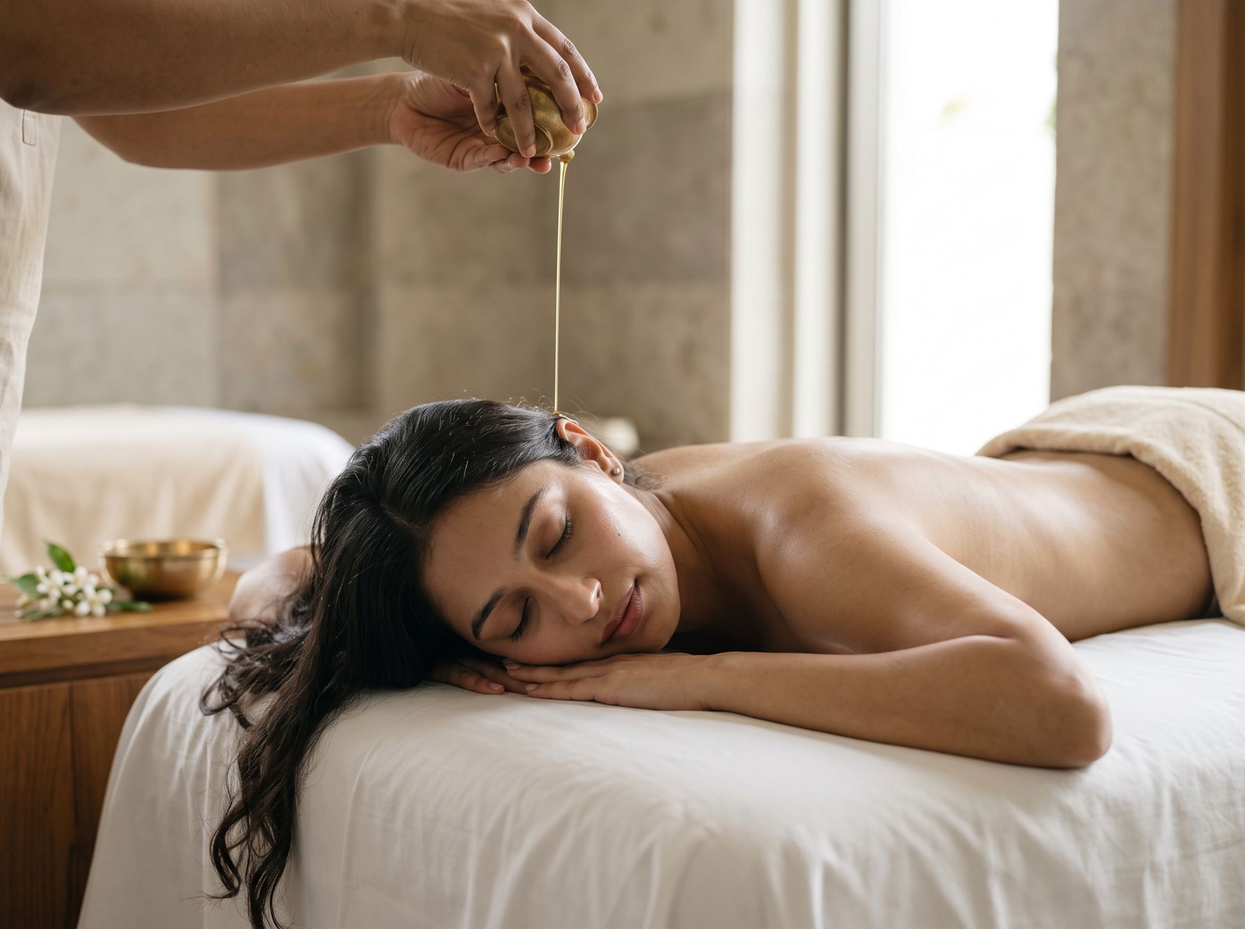 Warm aromatic oil poured onto a guest's back