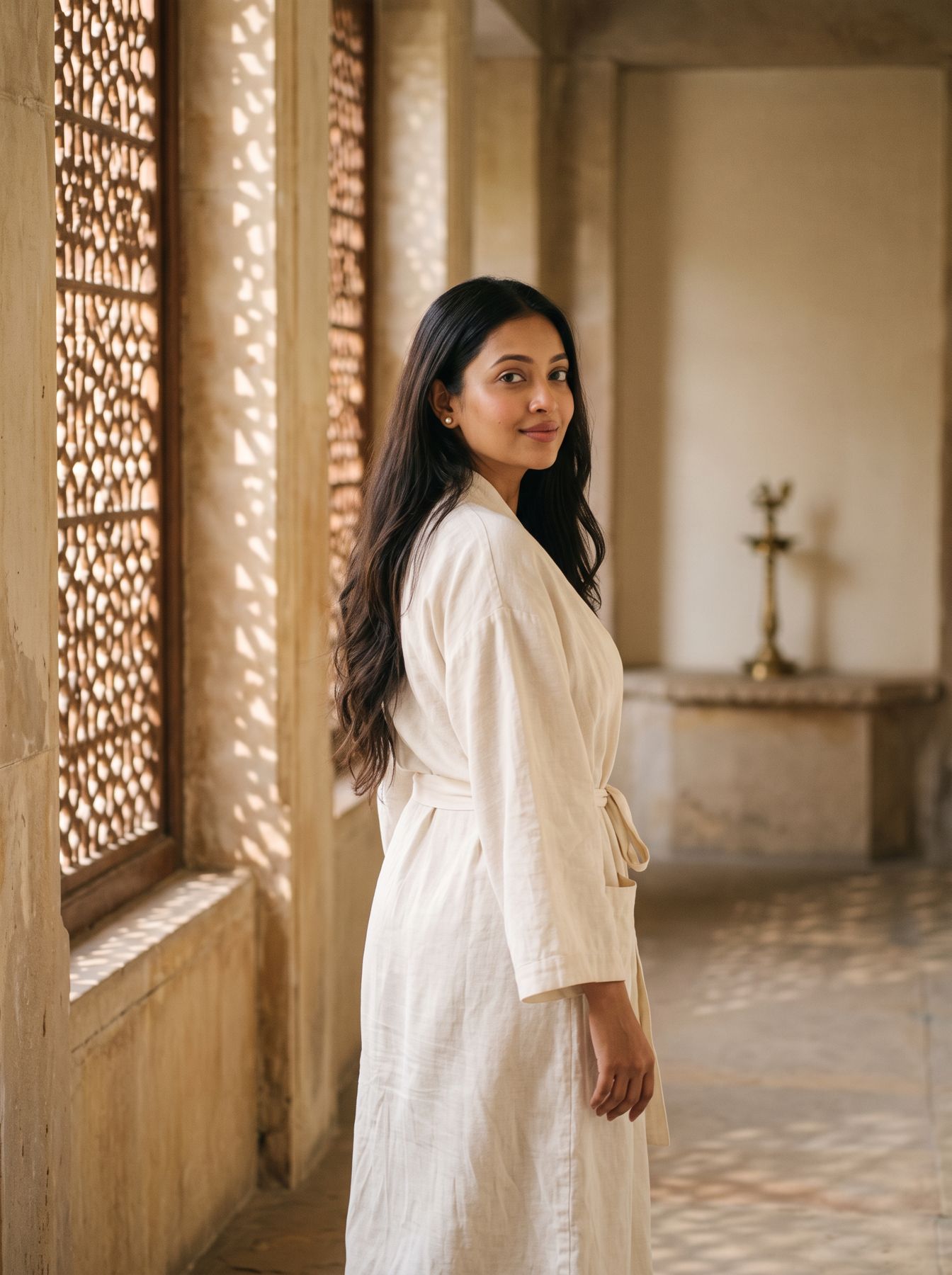 Guest in a linen robe walking through a calm stone corridor