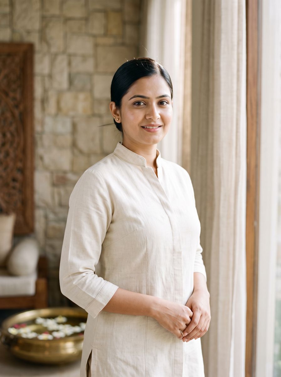 Senior spa therapist in a beige tunic