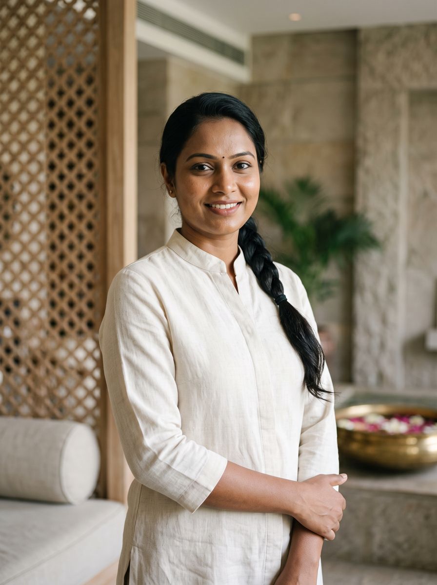 Spa therapist in a plum tunic