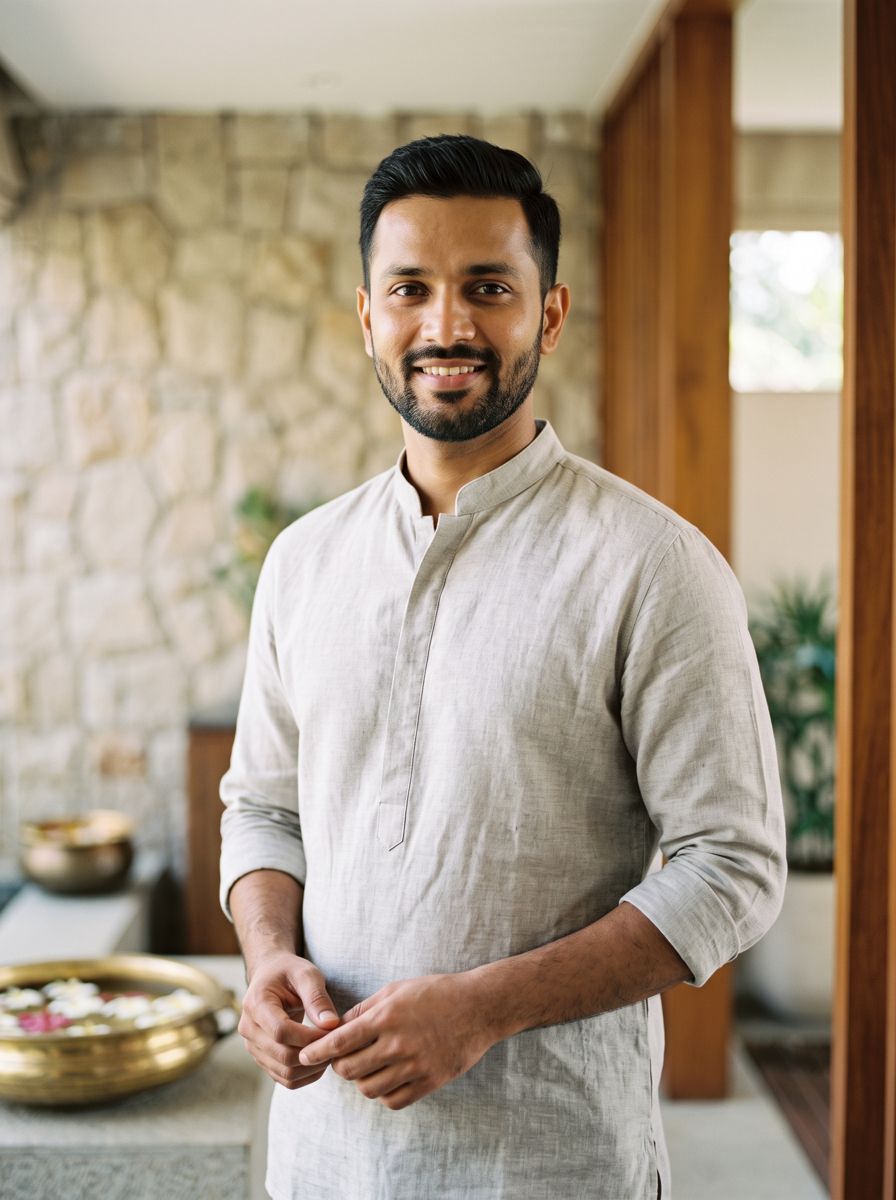 Male spa therapist in a charcoal tunic
